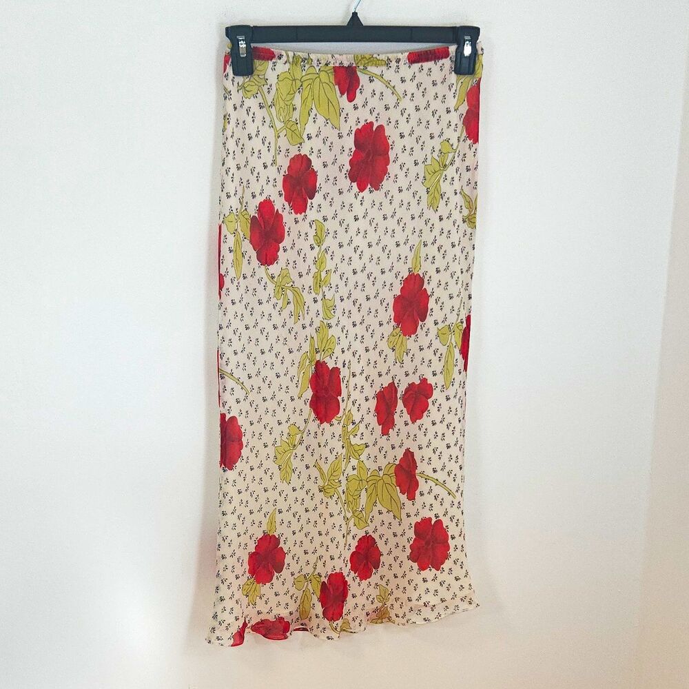 Vtg France '1 New York Cream Red Green Floral Silk Chiffon Midi Slip Skirt M